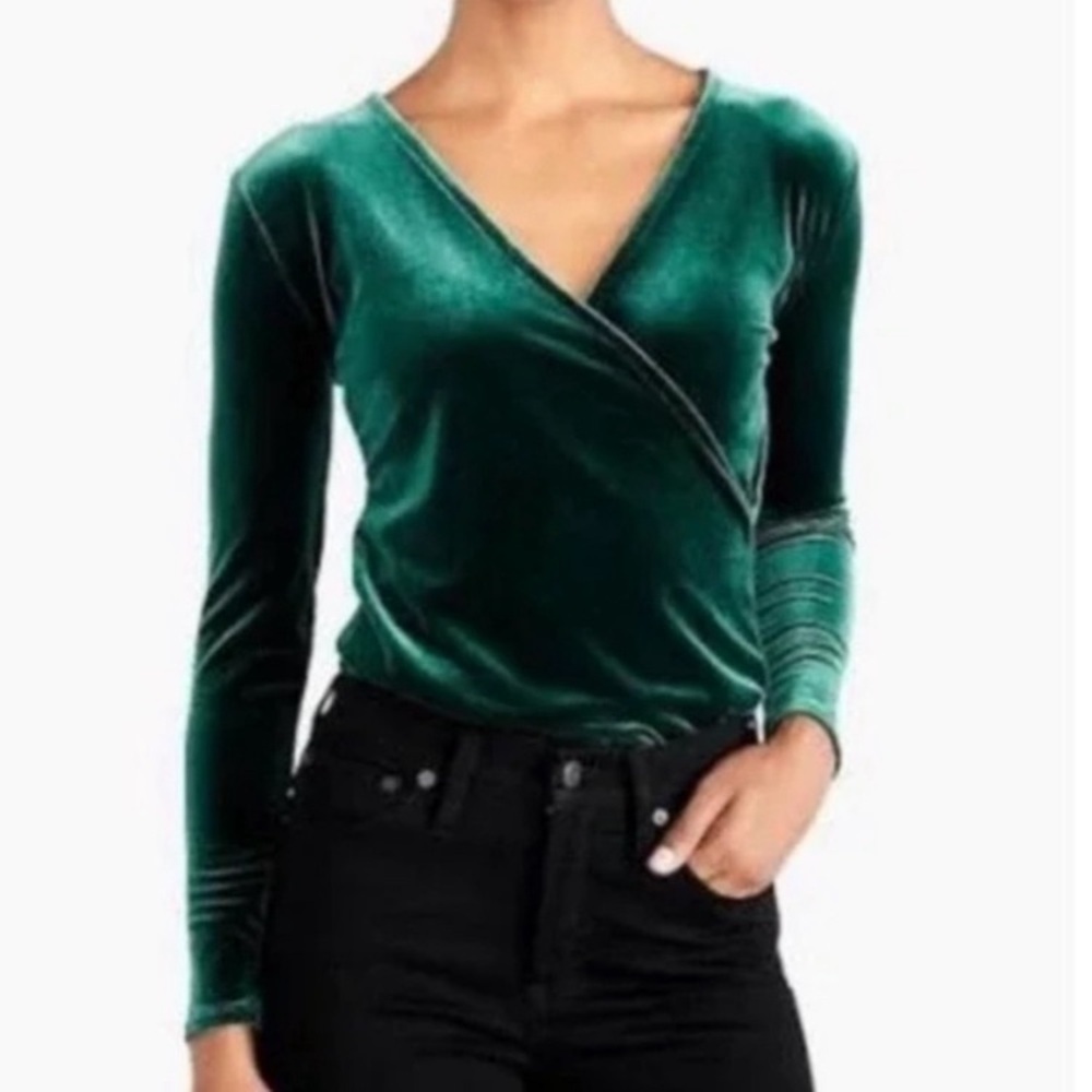 J. Crew Mercantile velvet faux wrap long sleeve blouse emerald green stretch XXL